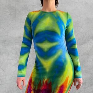 Ice Dyed Bodycon Dress - Long-sleeve Night Out - Hippie Boho Women's XLarge
